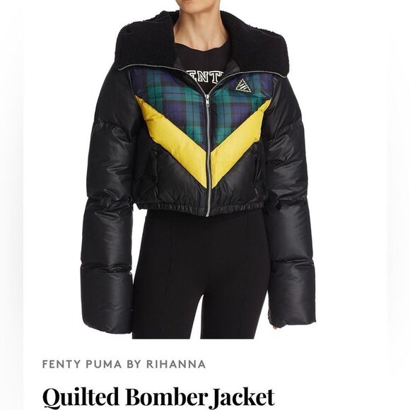 Fenty Rhianna Quilted Down Puffer Coat Black Plaid Colorblock Jacket Hood L - Picture 1 of 9